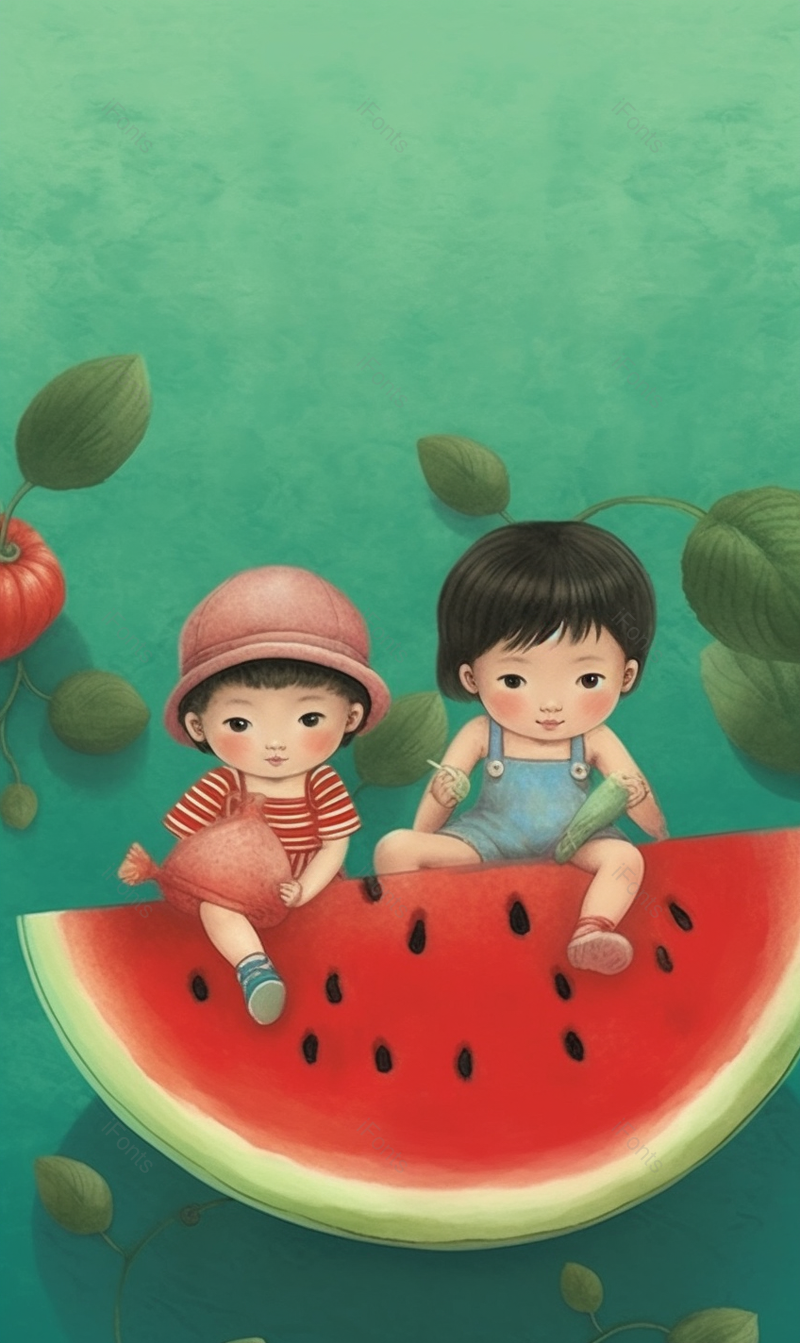 两个孩子坐在西瓜上玩耍儿童节创意插画素材壁纸,插画/手绘图,插画/手绘图库,插画/手绘图下载,插画/手绘